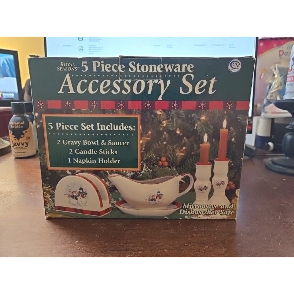 Royal Seasons 5pc Stoneware Set Snowman Scene Plus A Matching Butter Dish